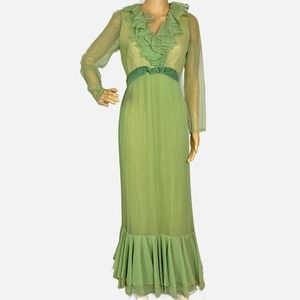 Vintage Miss Elliot Mint Green Ruffled Chiffon Dress 1950s Size 10 (Small)